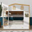 Lit superposé inspiré d'une maisonnette avec tiroirs de rangement, lit superposé en bois équipé de tablettes de rangement, lits superposés avec échelle pour maisonnette-895304286