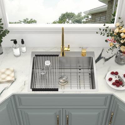 Évier de cuisine à simple cuve en acier inoxydable de calibre 16 avec grille d'évier, grille à enrouler et crépine L 28 po x l 22 po