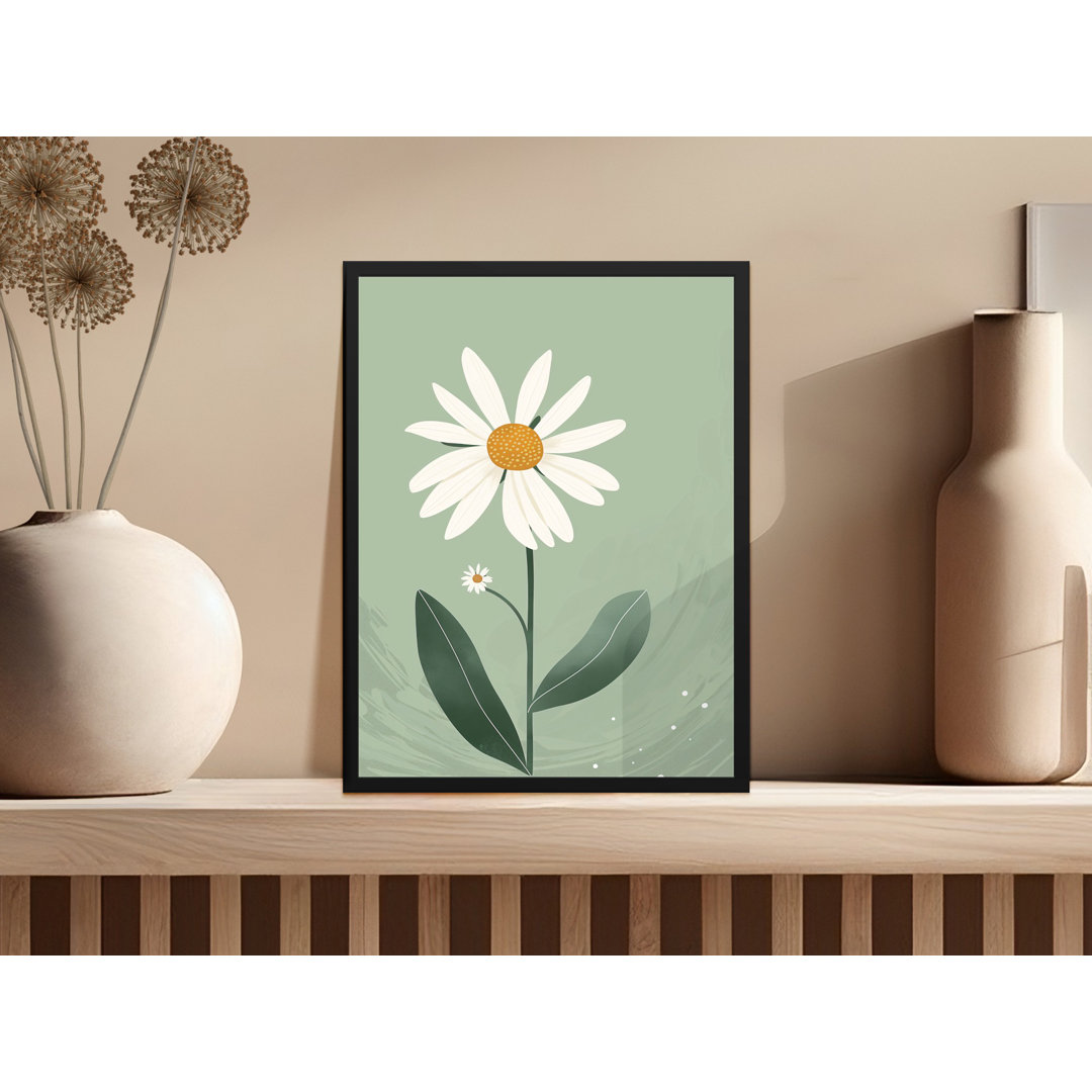 Minimalist Daisy Illustration Plant Design in Pastel Green Framed Poster