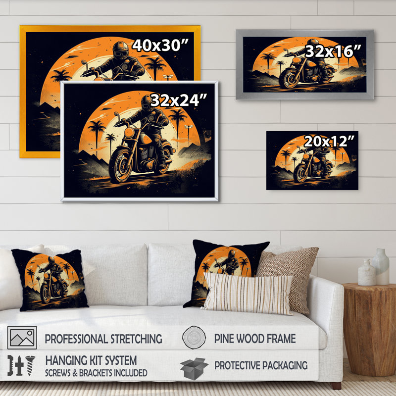 «Moto Roaring Down The Boulevard I», reproduction d'art mural moto, H 12 po x l 20 po, Cadre flottant noir