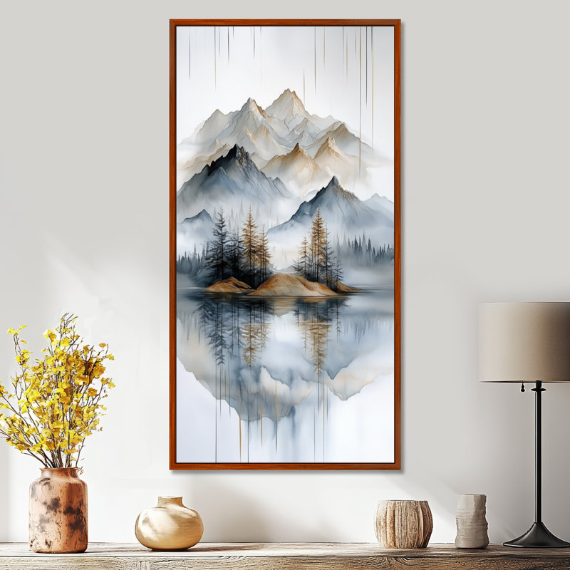Bleu gris élégant lac de montagne reflet II - impressions encadrées tranquilles, décoration murale pittoresque, 32" H x 16" W