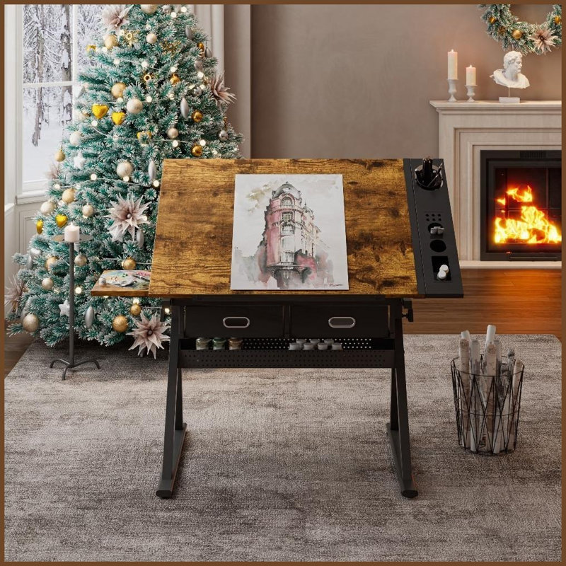 Table basse réglable pour bureau à domicile avec tabouret - panneau de fibres à densité moyenne de 18 mm, inclinaison de 0 à 75 °, hauteur de 69 à 91 cm 2 tiroirs de rangement