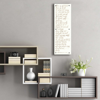 «Handwritten Love is patient» par Cindy Jacobs, art mural en verre acrylique