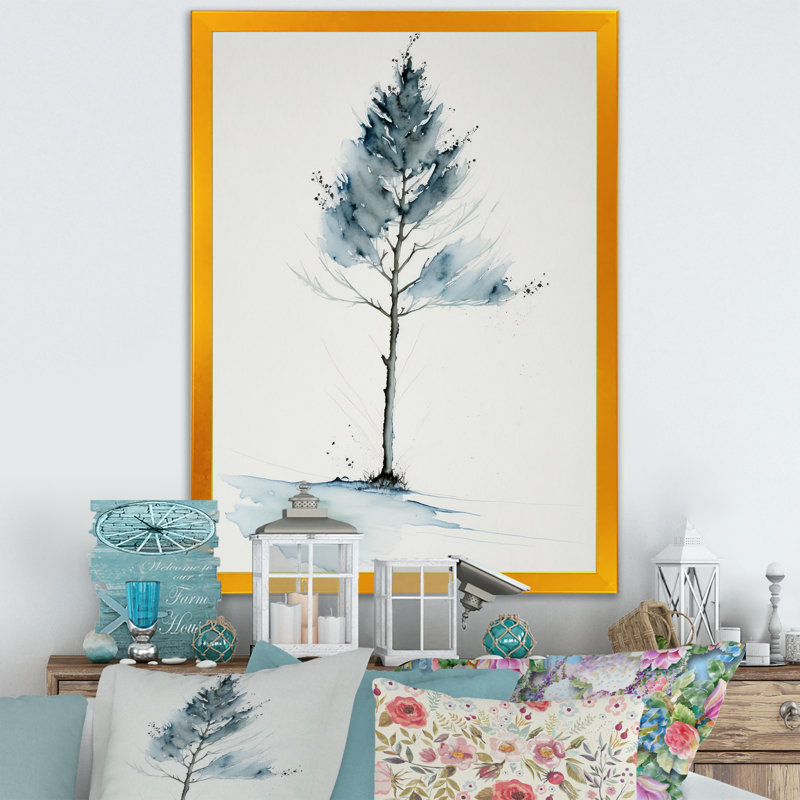 «Blue Watercolor Tree in the Countryside II», reproduction sur toile, H 20 po x l 12 po x P 1 po, Encadrement doré