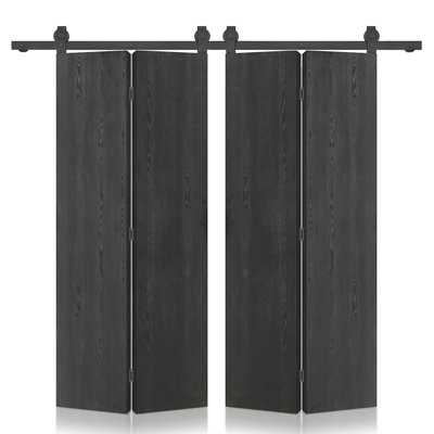 Hollow Core Black Composite Texture Double Bi-Fold Door with Sliding Barn Door Hardware Kit