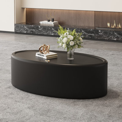 Table basse ovale cachée avec rangement - plateau en verre trempé certifié 3C et cuir recouvert de cuir de qualité supérieure, table basse moderne pour le salon