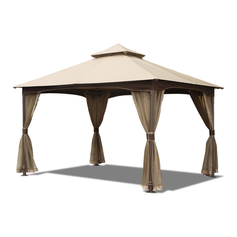 10'X13' Backyard Gazebo - Metal, Double Roof, Net, Waterproof, Stable, Khaki Canopy Tent For Patio Metal Construction, Blocking, Waterproof  Khaki