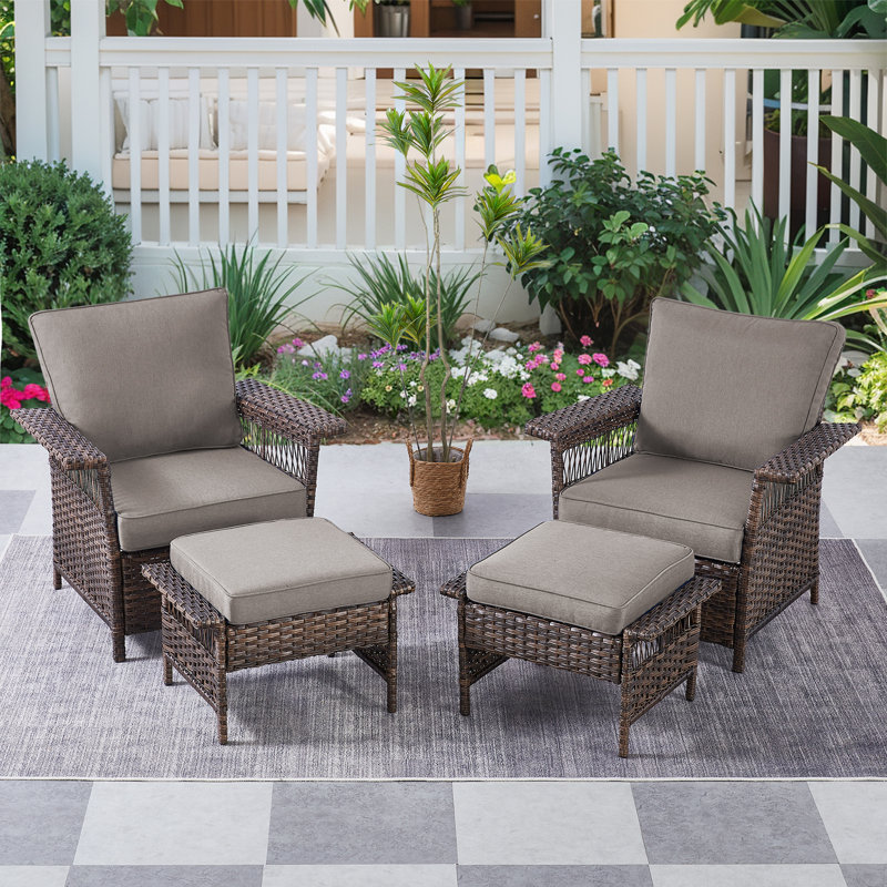 Anferney 4 - Pieces Outdoor Wicker Patio Chair Set with Ottomans and Cushions, Gray
