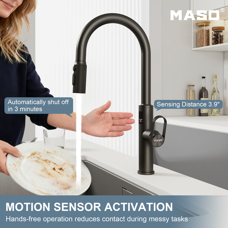 MASO Touchless Kitchen Faucet with Pull-Down Sprayer, Fahrenheit Temperature Display, 3 Spray Modes, 360° Swivel, Commercial Modern Faucet for RV, Farmhouse, Camper, Laundry & Bar,Matte Black