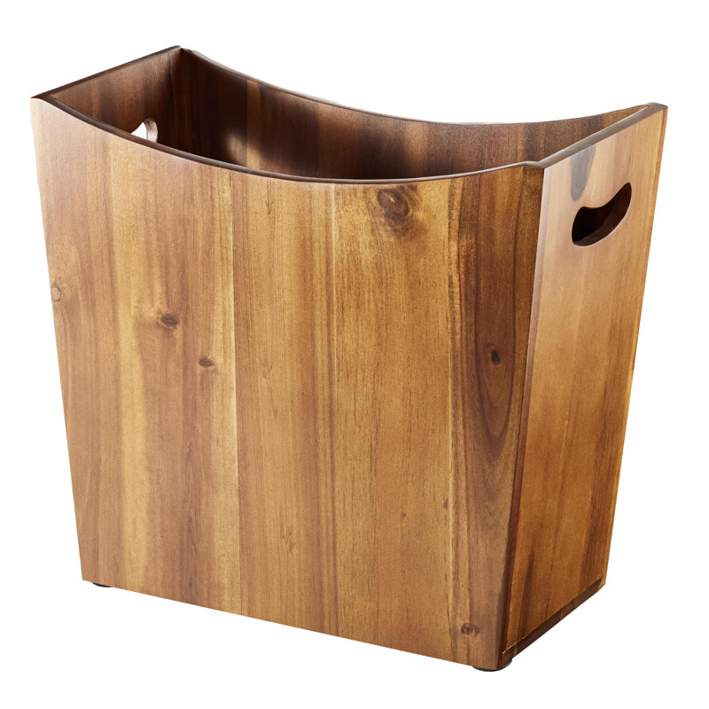 Solid Acacia Wood Decorative Waste Basket With Handles - Versatile Trash Can  for Home, Office, Bedroom & Bath, Brown Wood