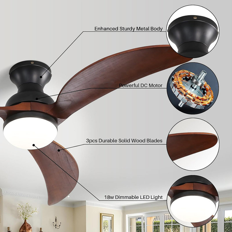 Ventilateur de plafond moderne de 52 pouces avec moteur à courant continu réversible à télécommande à 3 pales en bois massif à intensité variable
