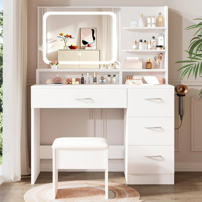 Elegant vanity includes lighted mirror and storage drawers; white makeup table for women; suitable for various settings including bedrooms, living rooms, and dorms