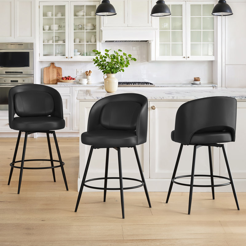 Tabouret de comptoir pivotant H 26 po avec structure en métal, Noir / similicuir, 3