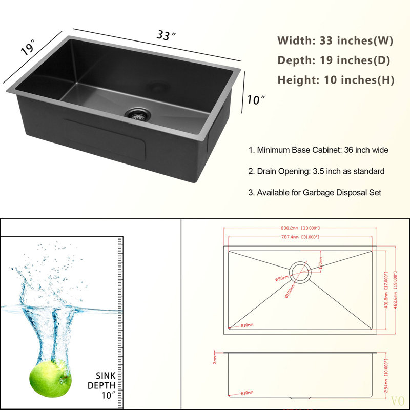 33"   Kitchen Sink - 33"X 19"X 10" Undermount Singel Bowl Kitchen Basin 16 Gauge Stainless Steel With 10 Inch Deep