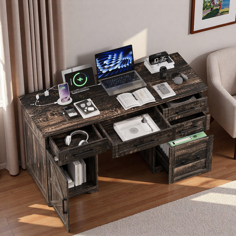 Bureau de ferme à la maison avec station de charge, 5 tiroirs et 1 armoire, Rustic Grey