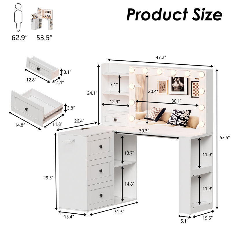 Vanity Desk with Mirror and Lights, Corner Makeup Table with 3 Color Lighting, with Power Strip