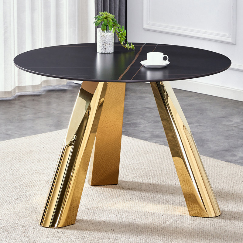 Table de salle à manger ronde avec trois pieds en métal robustes, Noir