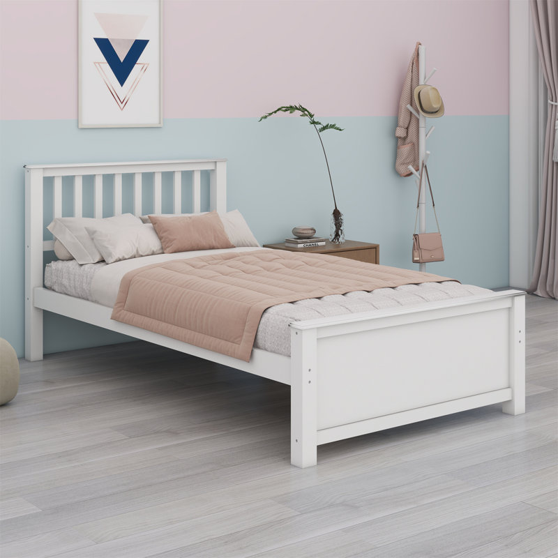 Lit plateforme en bois avec tête de lit, pied de lit et lattes en bois, Blanc
