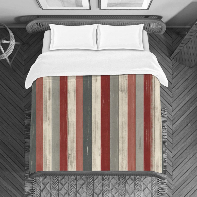 Housse de couette à rayures verticales en microfibre grise / rouge, Très grand lit