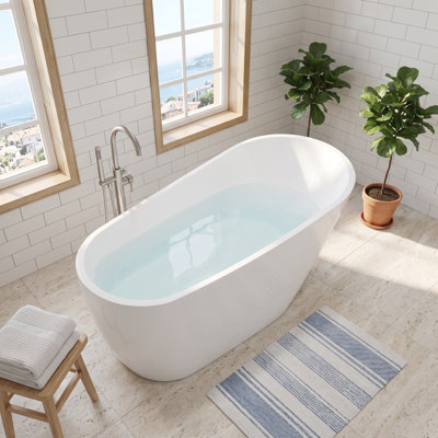 Baignoire de style contemporain autoportante en acrylique de 55 po x 28 po, fonction de trempage profond avec bonde escamotable et composants de trop-plein intégrés, couvercle de drain chromé, blanc brillant