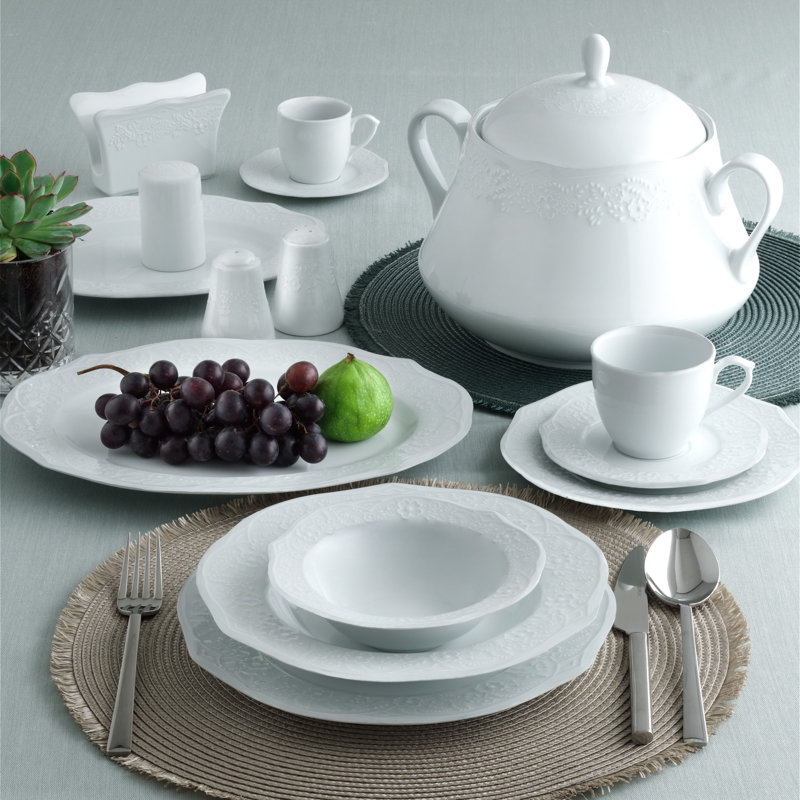 Superbe ensemble de vaisselle 83 pièces, 100% porcelaine, blanc | Comprend 1 bol de service à soupe (101,5 oz liq.) Et 12 assiettes de service (10,2 x 9,8 pouces) | Va au lave-vaisselle et au micro-ondes | Élégant pour toutes les occasions, expérienc