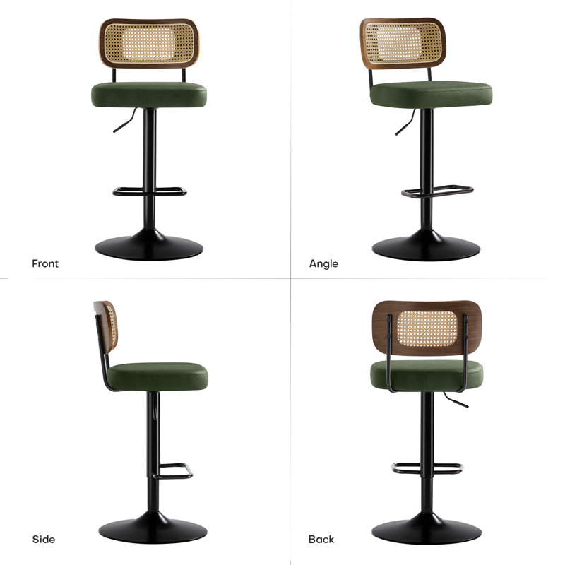 Tabourets de bar pivotants à hauteur ajustable à 360 ° avec dossier en rotin, Vert