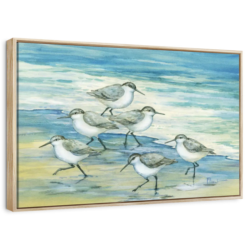 Surfside Sandpipers, 46" X 31", Floating Frame Natural Wood