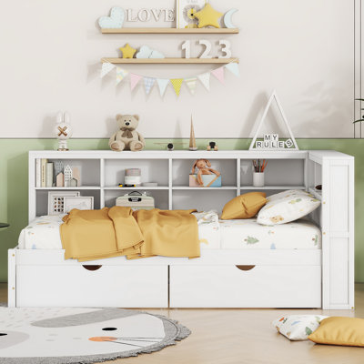 Lit de jour en bois avec 2 tiroirs, lit de jour avec tablette de rangement et ports de chargement USB