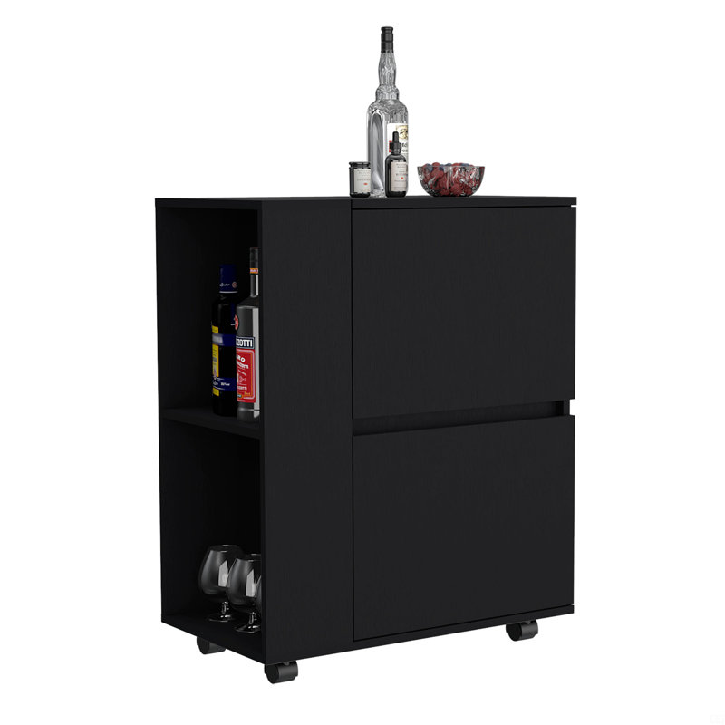 Tully Bar Cart Two Pull-Down Door Cabinets And Two Open Shelves, Black
