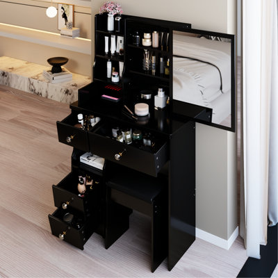 Table de coiffeuse de 29,2 po avec tiroir de gauche, tabouret rembourré, très grand miroir coulissant à droite, rangement multicouche à grande capacité, convient aux petites chambres à coucher, design américain, pièces noires,