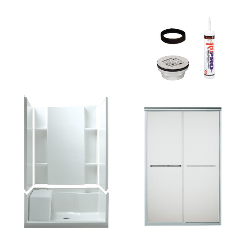Accord 48" W x 74.5" H Framed Rectangle Sliding Shower Stall with Seat and Base Included, Chrome/White
