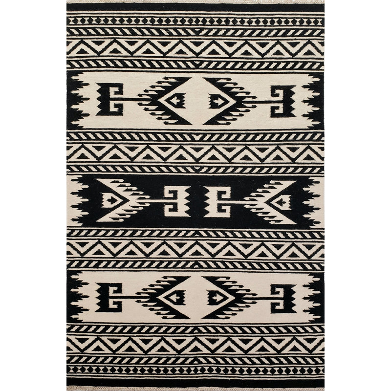 Tapis noir / blanc en laine tissé à plat à la main Alejah Southwestern, Rectangulaire 5 pi x 7 pi 6 po