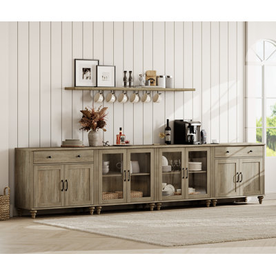     Buffet avec 2 tiroirs, 4 portes en verre et 4 portes en bois, style grain de bois rétro, armoire avec rangement, gris délavé