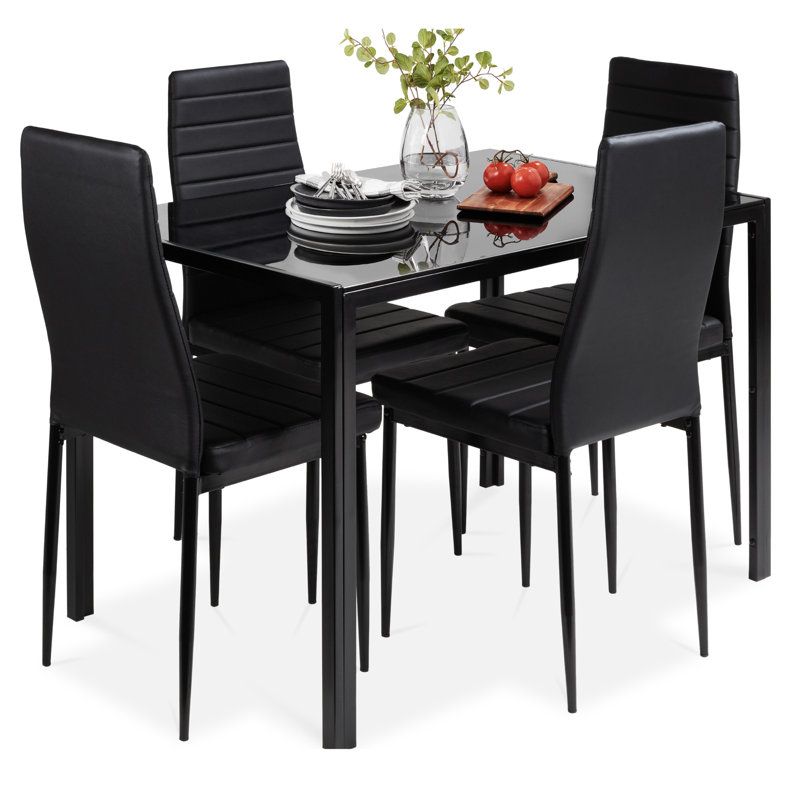 Hekimhan 5-Piece Kitchen Dining Table Set w/ Glass Tabletop, 4 Faux Leather Chairs, Black, Black