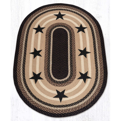 Earth Rugs Black Stars Oval Patch Tread Hand-Stenciled Jute Runner with Americana Folk Charm