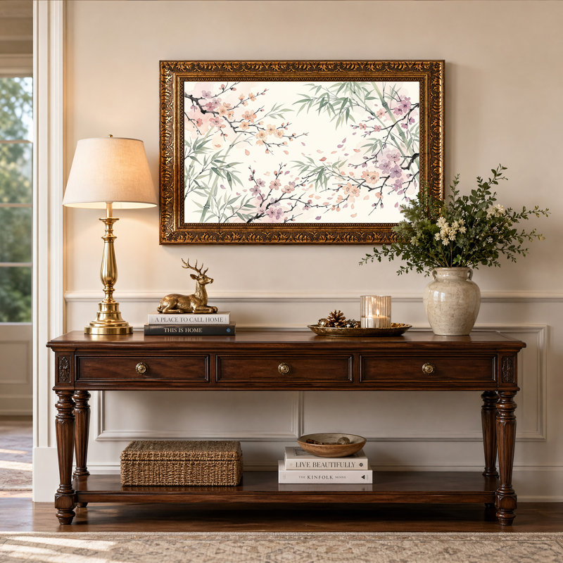Aquarelle sur toile de fleurs de cerisier rose et branches de bambou, H 24 po x l 36 po