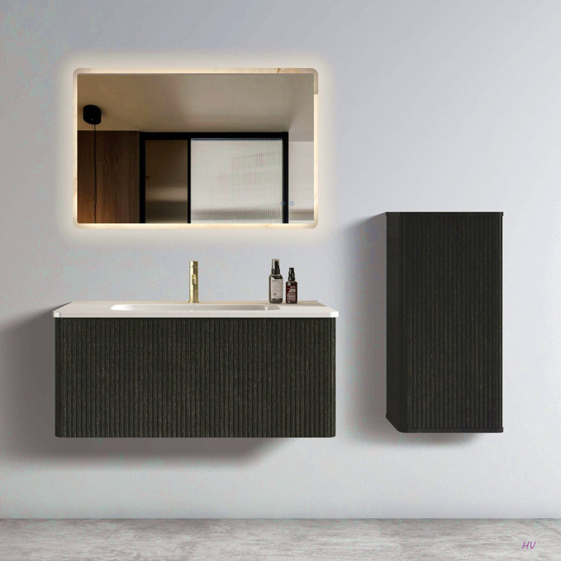 Meuble-lavabo flottant rayé 36 po avec lavabo en céramique 36 po, pré-assemblé, Noir, 36"