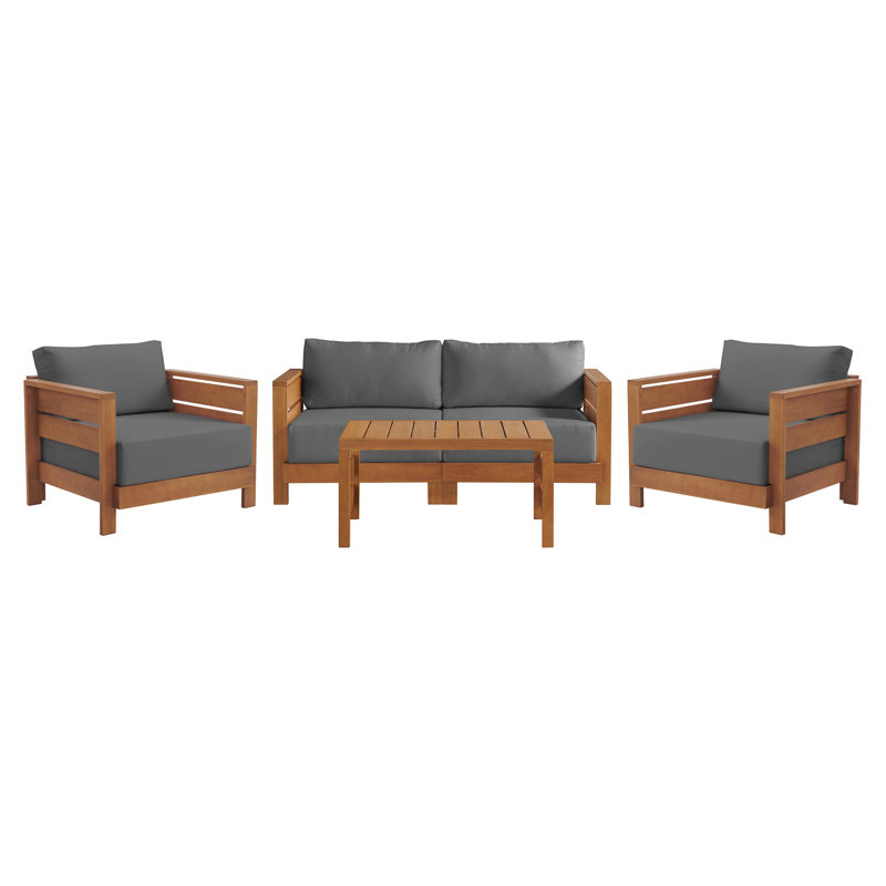  Ensemble de meubles de patio 3 pièces Barton - Table et chaises d'extérieur en bois d'eucalyptus résistant aux intempéries avec coussins gris - Ensemble de meubles d'extérieur modernes pour porche, terrasse ou piscine (naturel)