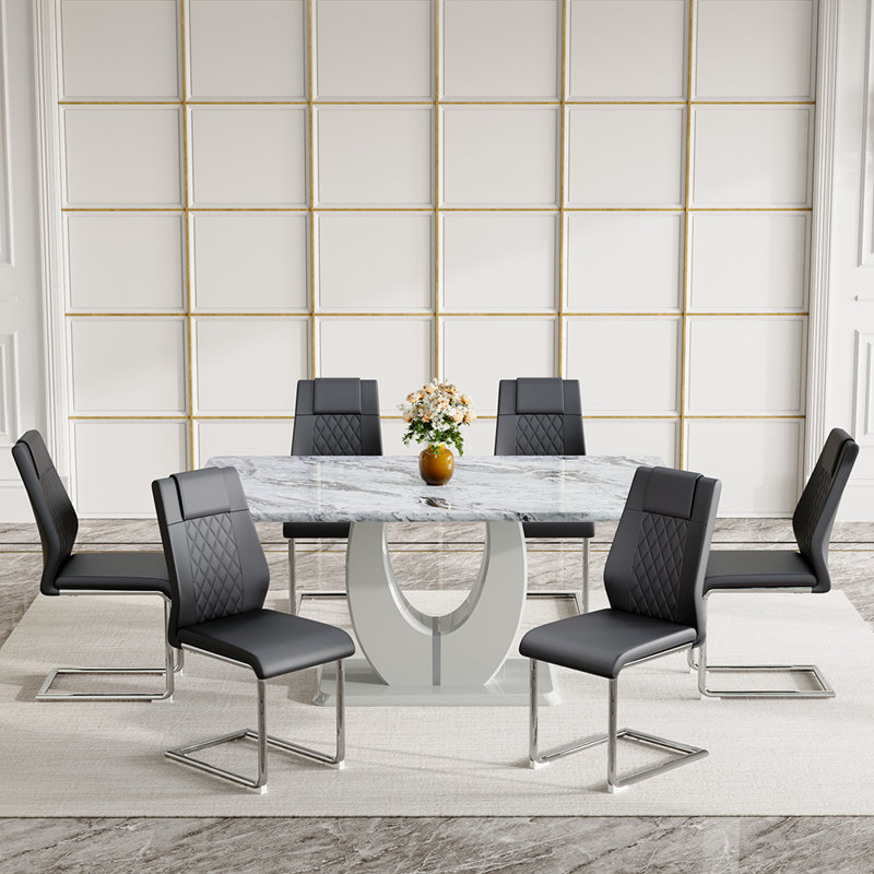  Ensemble de table de salle à manger 63 po en bois, gris rectangulaire pour 4/6 personnes avec chaises en cuir, Noir, 7
