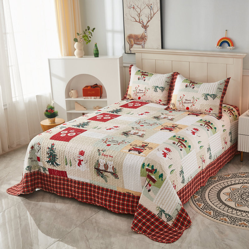 Festive Red and White Reversible Queen Quilt Set