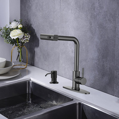 Pull-Down Sprayer Kitchen Faucet, Waterfall Kitchen Faucet, 3 Modes (Waterfall/Stream/Spray), With Soap Dispenser, Deck-Mounted Kitchen Faucet.