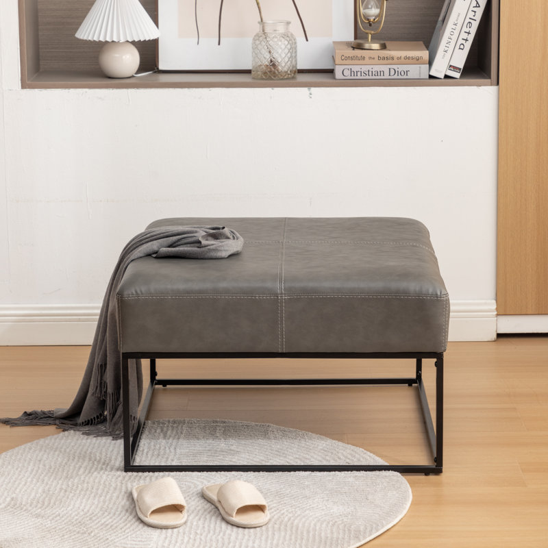 Cattibrie Leather Upholstered Square Ottoman, Gray Faux Leather