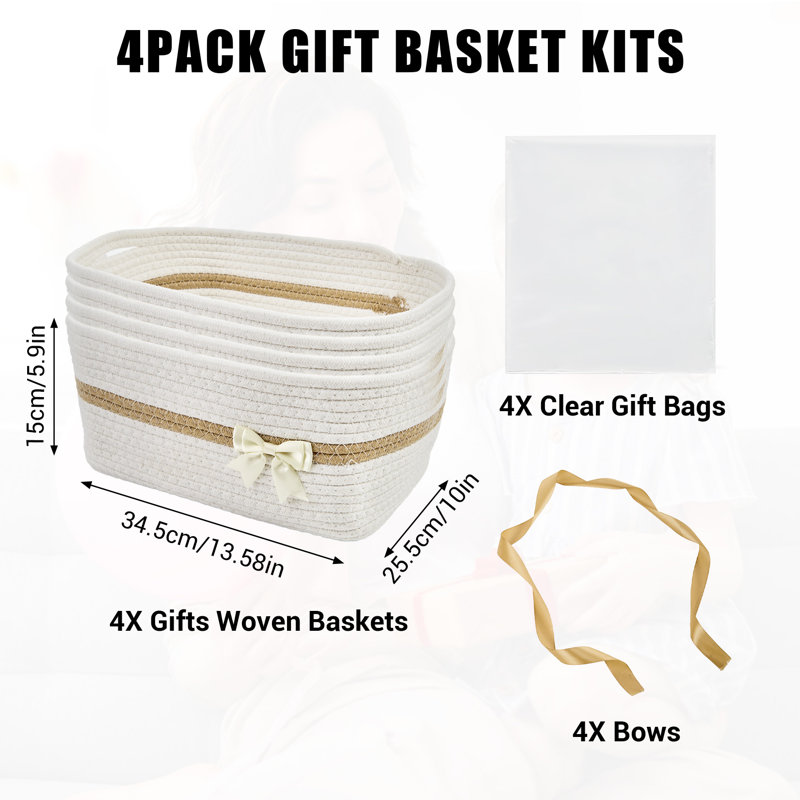 Ensemble de 4 paniers de rangement tissés en corde de coton, ensembles de paniers-cadeaux décoratifs, White