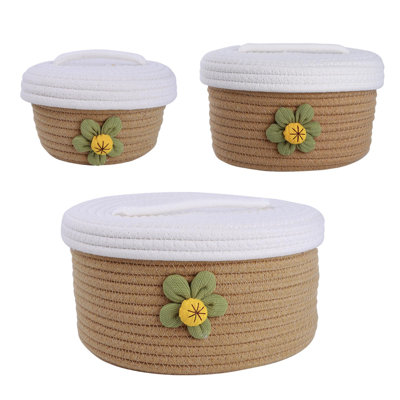 Large Covered Storage Baskets, Handmade Woven Fresh Style Desktop Decoration, Organizing Household Miscellaneous Items,(Natural/A Set Of 3)
