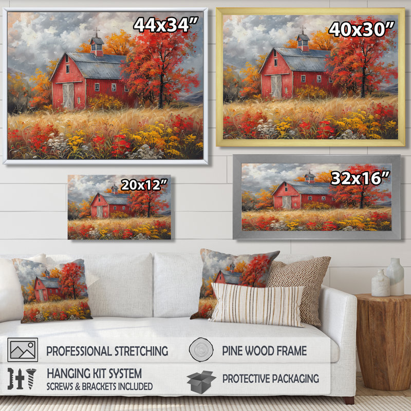 Automne rouge grange brise I - impressions encadrées de grange, H 34 po x l 44 po x P 1,5 po, Toile tendue