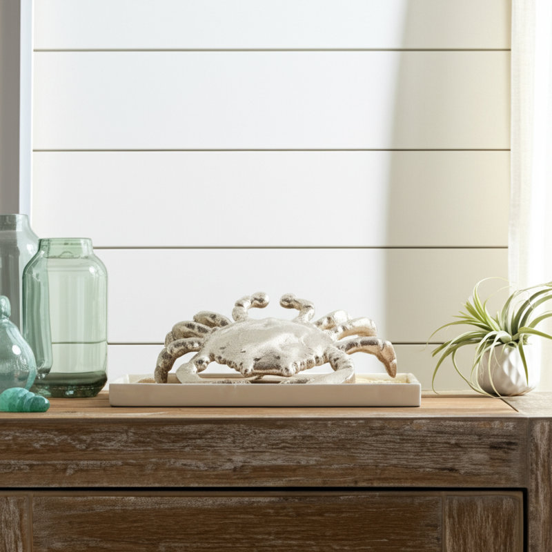 Aluminum Metal Crab Figurine Coastal Decorative Sculpture - Nautical Accent Decor in Trendy Ocean-Inspired Style.