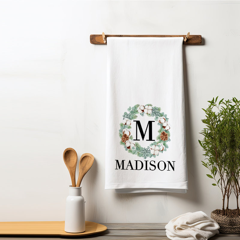 Serviette de thé sur mesure pour sac de cuisine de Noël, motif de couronne avec monogramme personnalisé pour décoration des Fêtes, paq. 1