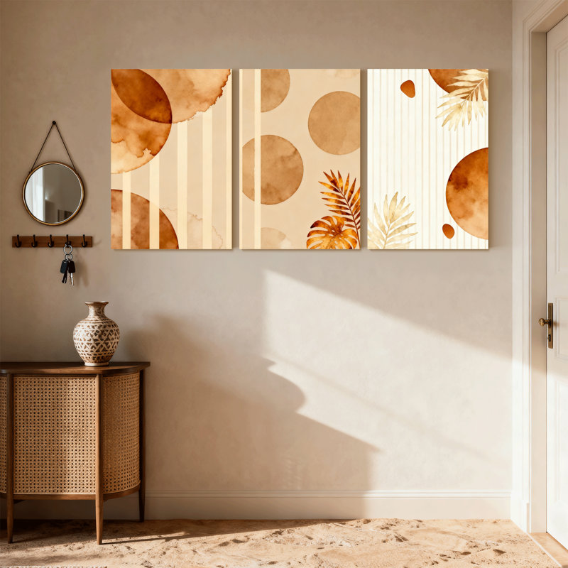 «Contemporary Boho Abstract Circles Stripes Leaves», ensemble de 3 impressions sur toile, H 30 po x l 60 po