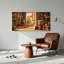 Tambour africain et statue en bois dans une cour ensoleillée, art mural sur toile 47 x 24 x 1,5 po