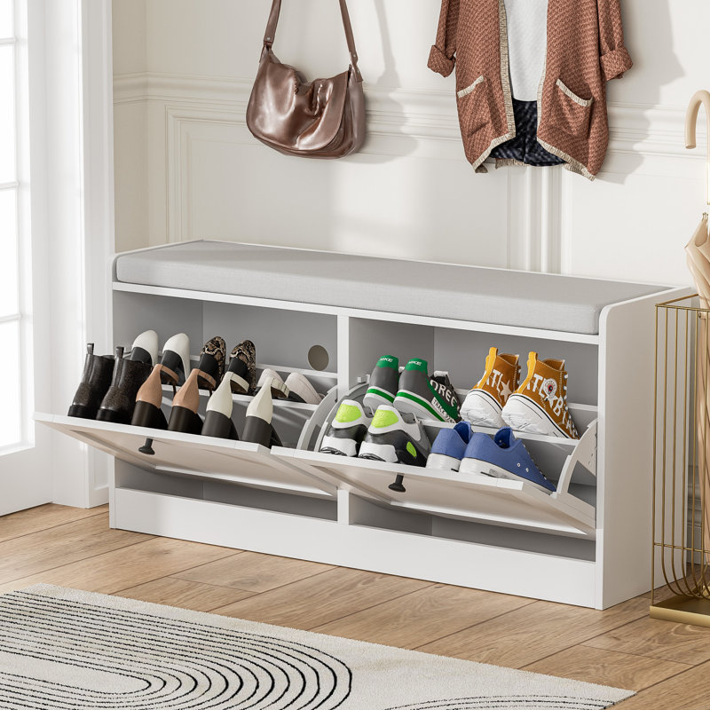 Shoe Bench, Modern Entryway Bench With 2 Flip Drawers, Shoe Rack Bench With Padded Seat Cushion, Wooden Shoe Storage Bench For Entryway, Bedroom And Apartment
